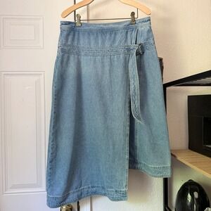 MORRISON blue cotton denim jean belted wrap style midi skirt